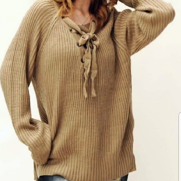 Tan Lace up front sweater - Picture 2 of 4